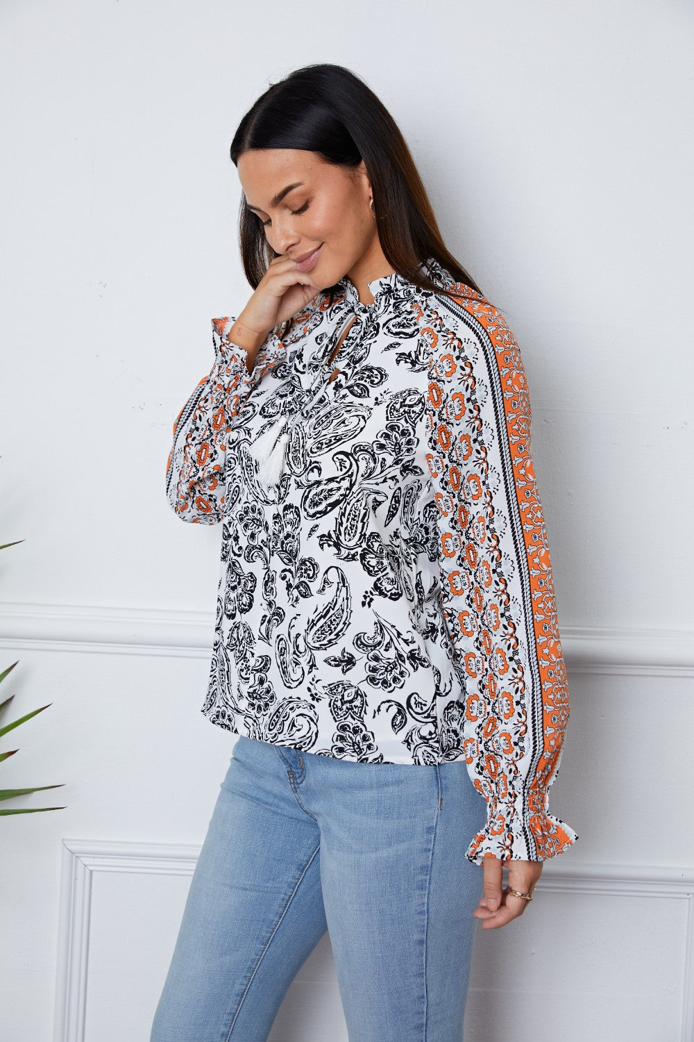Tassel Tie Neck Printed Smocked Long Sleeve Blouse - Women’s Clothing & Accessories - Shirts & Tops - 3 - 2024