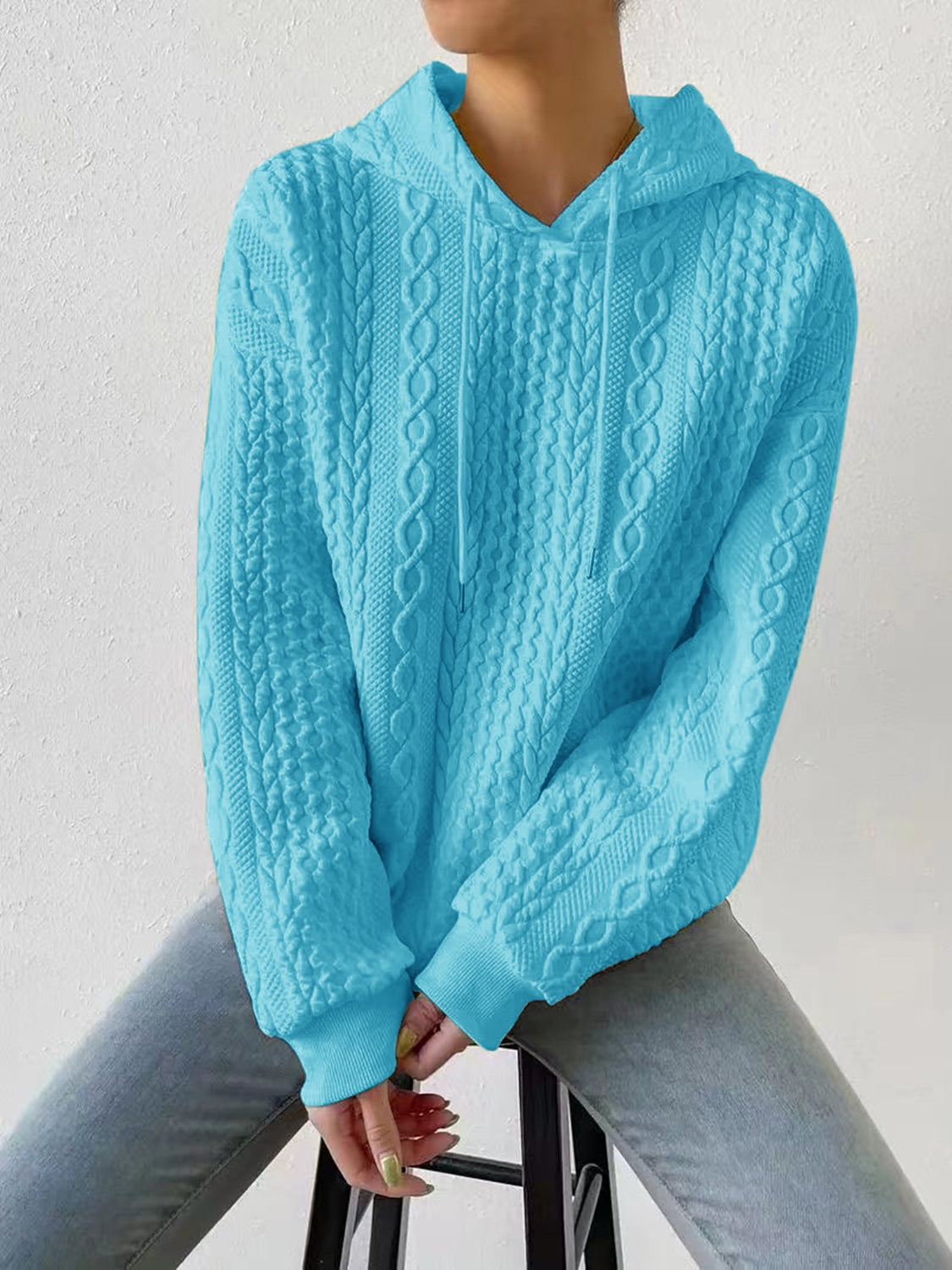 Textured Drawstring Long Sleeve Hoodie - Teal / M - Women’s Clothing & Accessories - Shirts & Tops - 29 - 2024