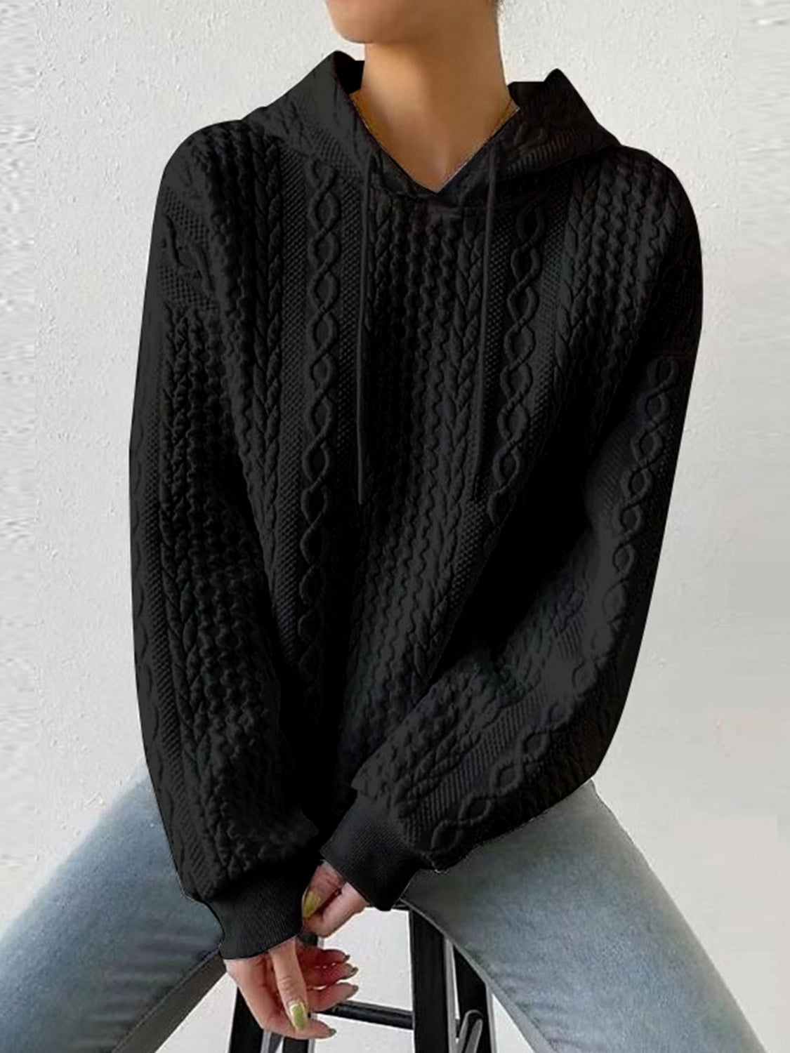 Textured Drawstring Long Sleeve Hoodie - Black / S - Women’s Clothing & Accessories - Shirts & Tops - 7 - 2024