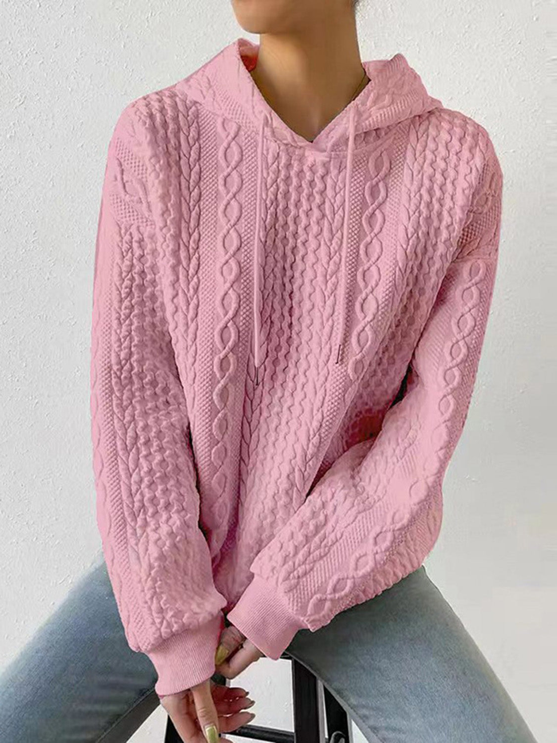 Textured Drawstring Long Sleeve Hoodie - Pink / S - Women’s Clothing & Accessories - Shirts & Tops - 10 - 2024