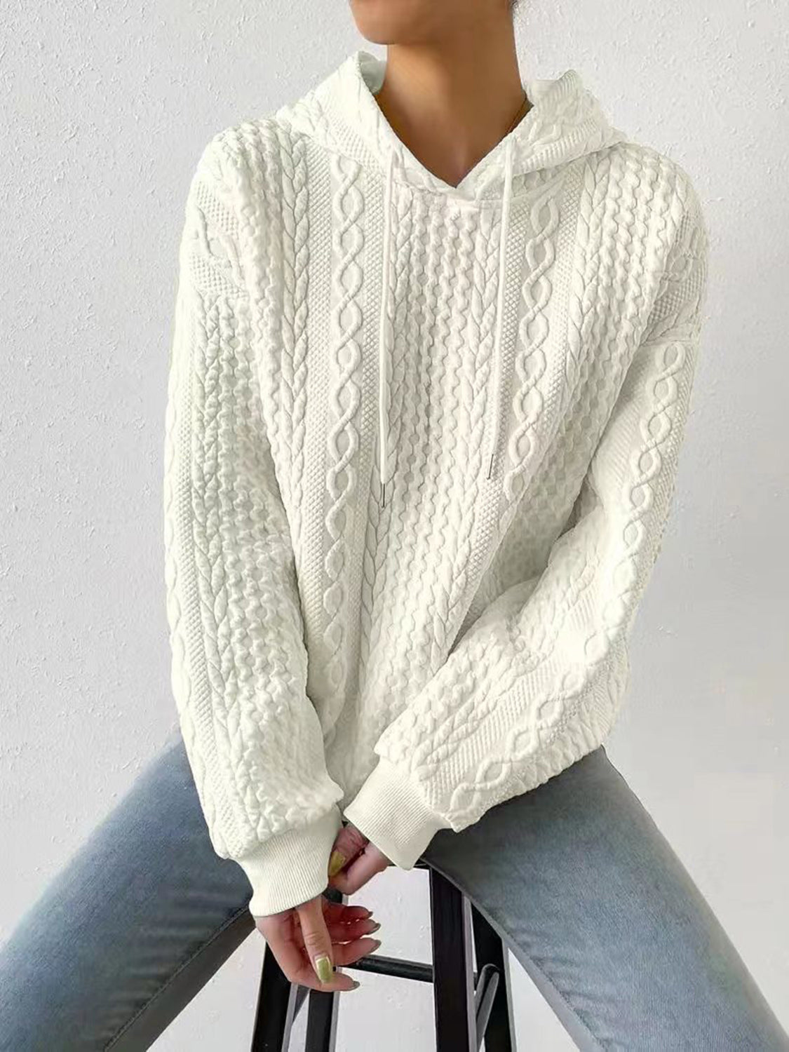 Textured Drawstring Long Sleeve Hoodie - Beige / 5XL - Women’s Clothing & Accessories - Shirts & Tops - 27 - 2024
