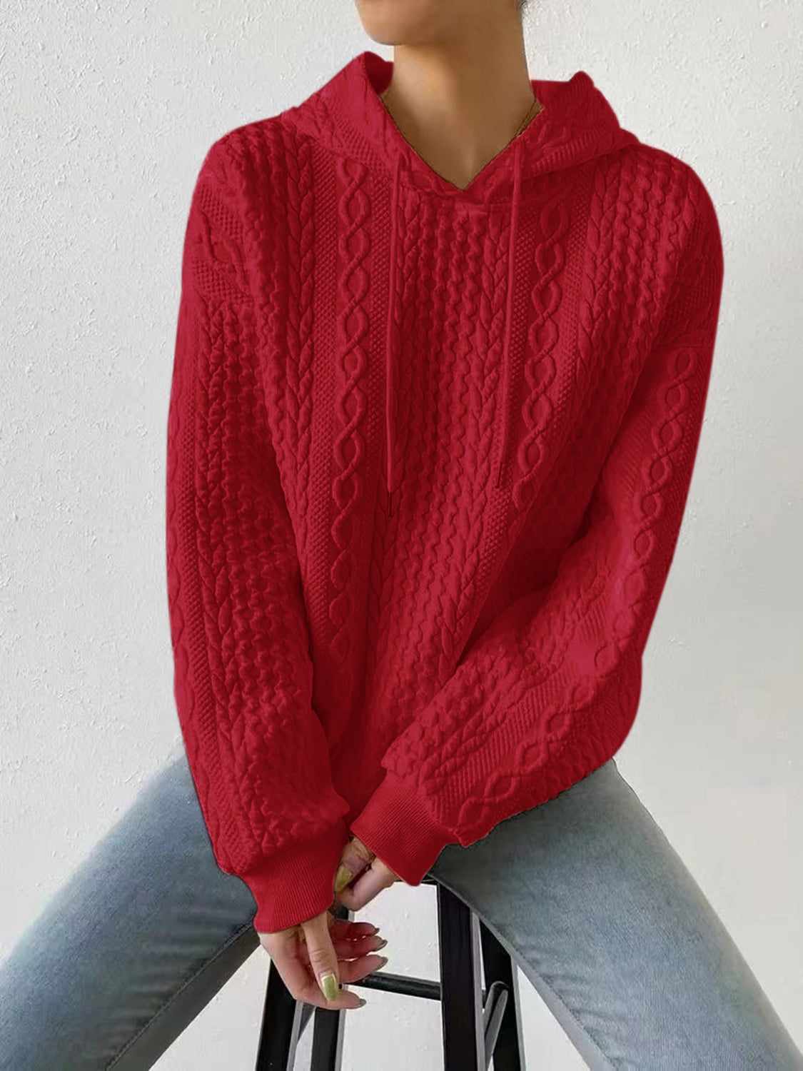 Textured Drawstring Long Sleeve Hoodie - Red / M - Women’s Clothing & Accessories - Shirts & Tops - 24 - 2024