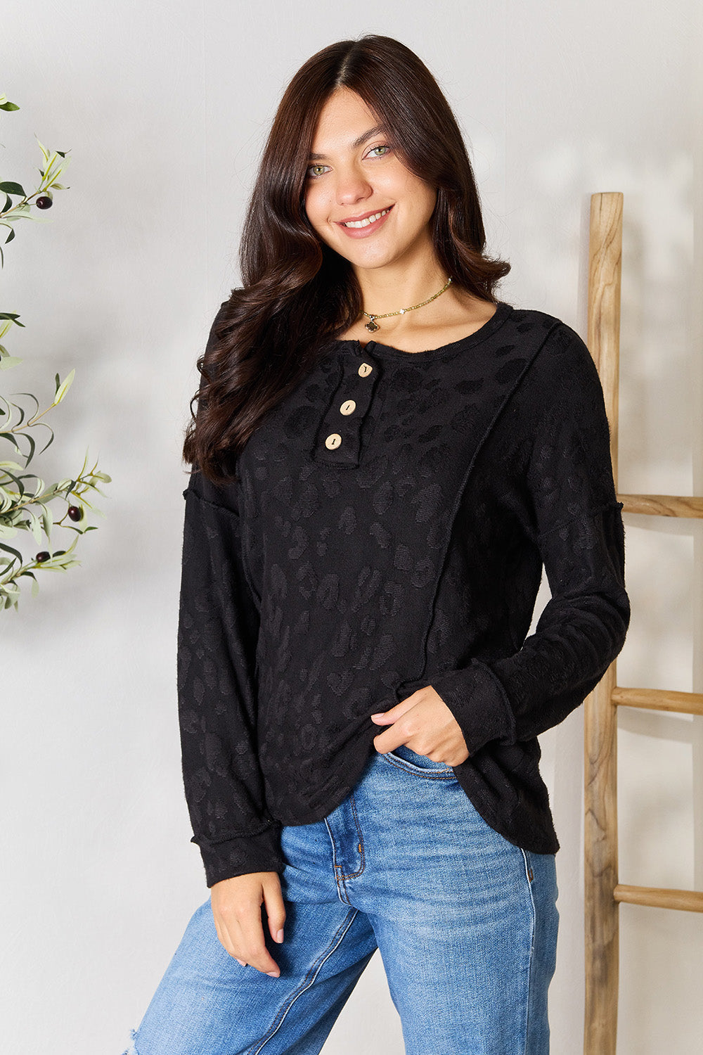 Textured Exposed Seam Buttoned Blouse - Women’s Clothing & Accessories - Shirts & Tops - 3 - 2024