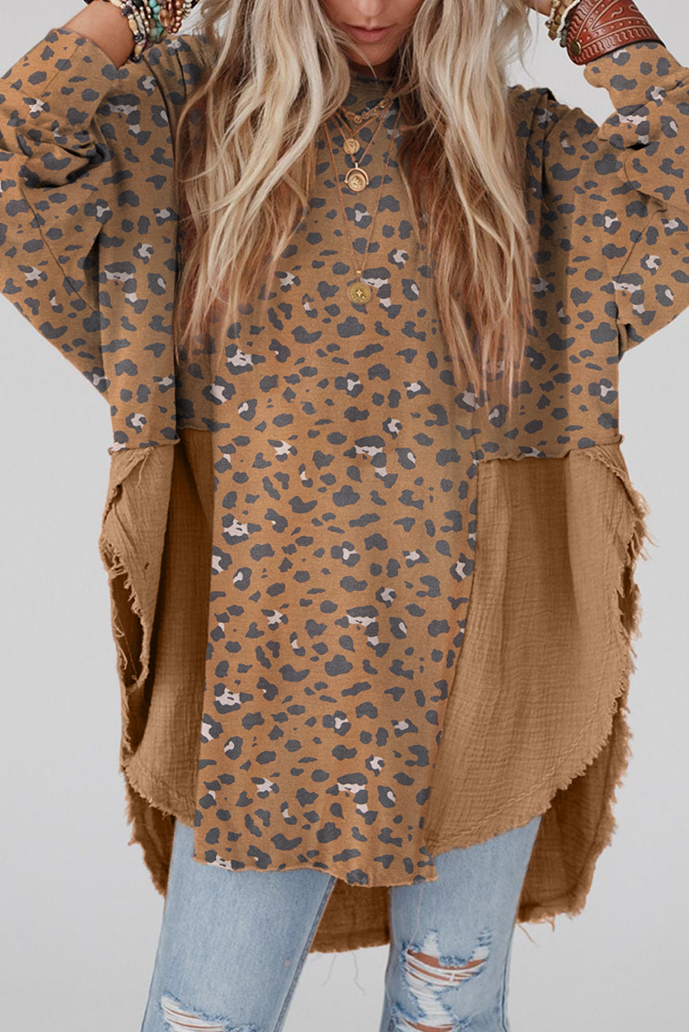 Textured Leopard Dropped Shoulder Blouse - Mocha / S - Women’s Clothing & Accessories - Shirts & Tops - 4 - 2024