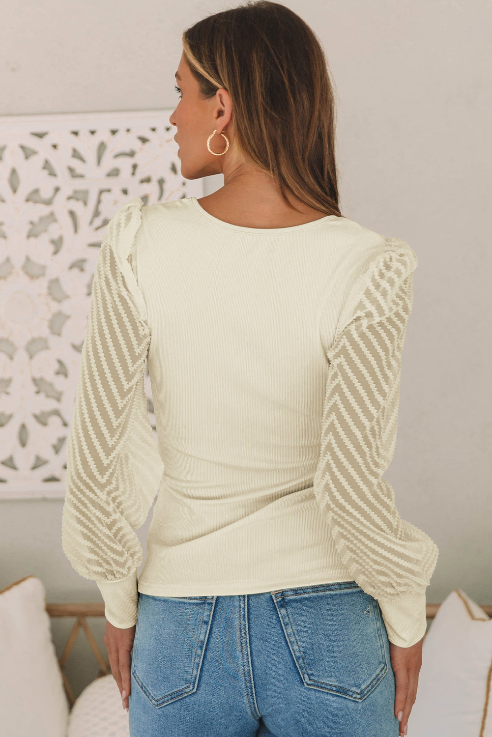 Textured Mesh Sleeve Ribbed Blouse - Women’s Clothing & Accessories - Shirts & Tops - 2 - 2024