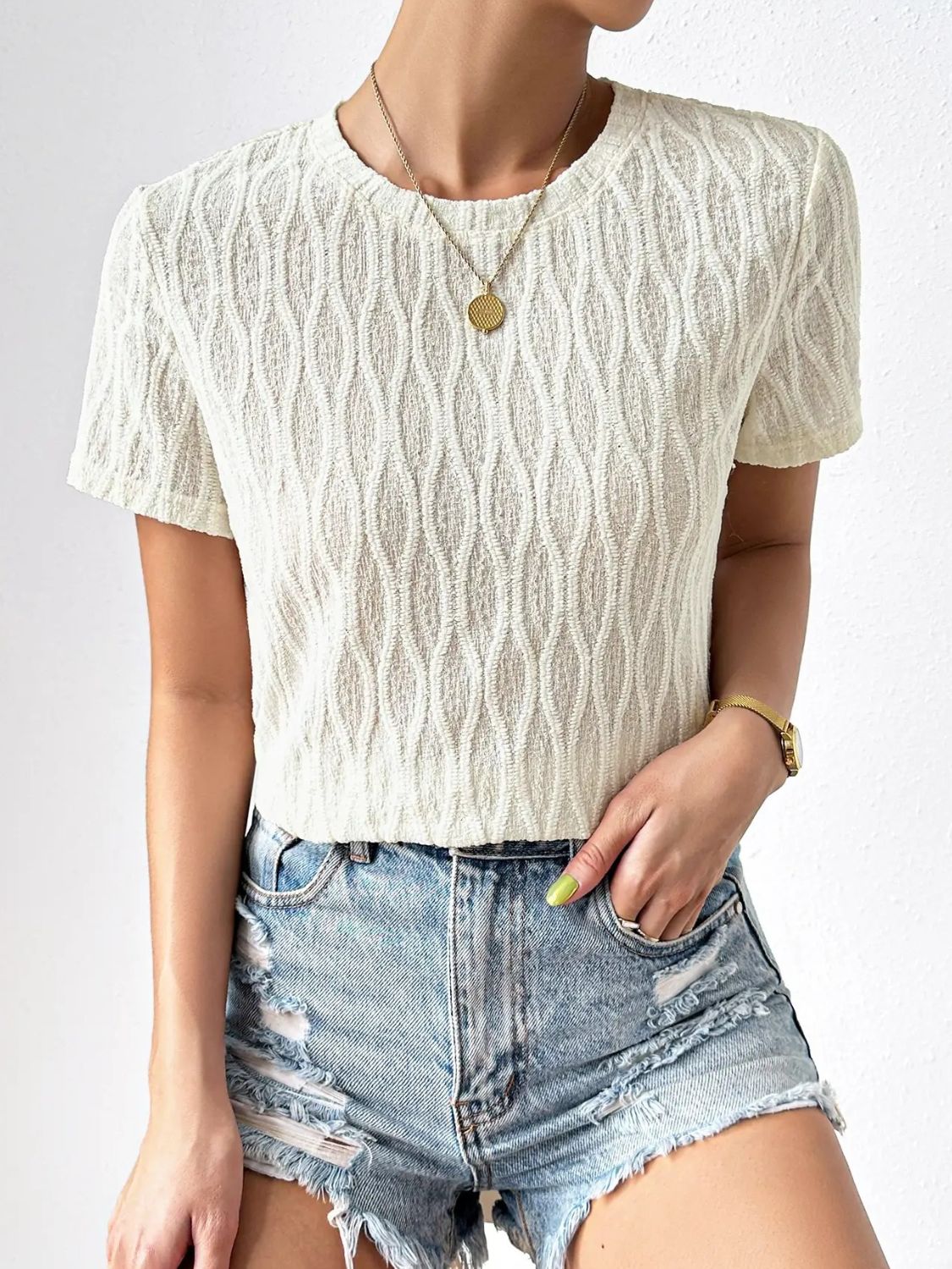 Textured Round Neck Crop Top - White / XS - Women’s Clothing & Accessories - Shirts & Tops - 1 - 2024