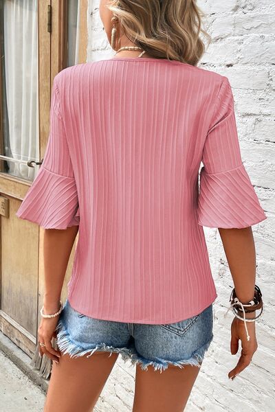 Textured V-Neck Flounce Sleeve Blouse - Women’s Clothing & Accessories - Shirts & Tops - 4 - 2024