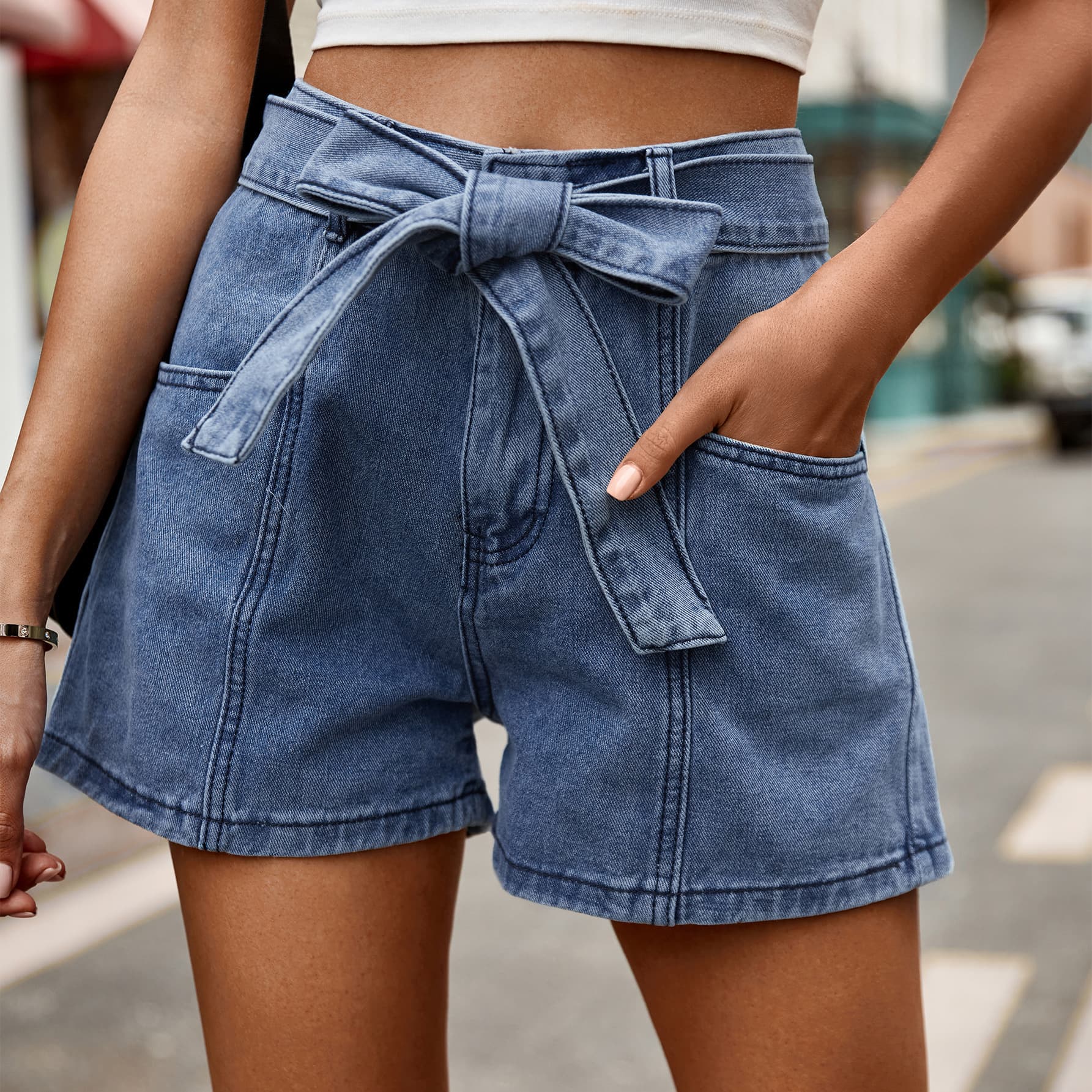 Tie Belt Denim Shorts with Pockets - Women’s Clothing & Accessories - Shorts - 3 - 2024