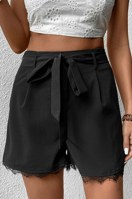 Tie Belt Lace Trim Shorts - Black / S - Women’s Clothing & Accessories - Shorts - 1 - 2024