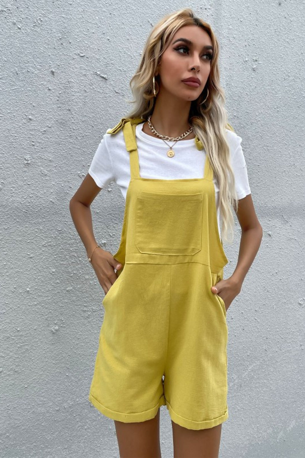 Tie Cuffed Short Overalls with Pockets - Yellow / S - Women’s Clothing & Accessories - Overalls - 1 - 2024