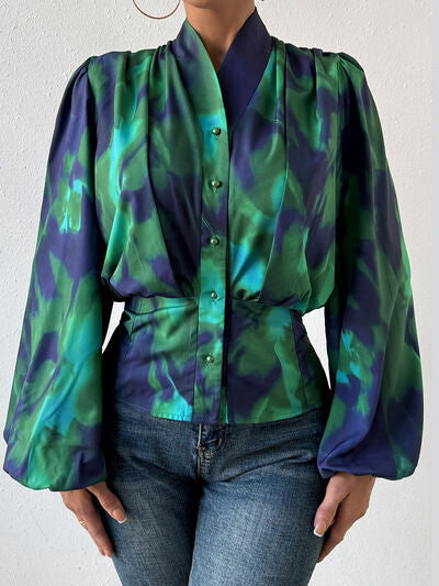 Tie-Dye Button Up Balloon Sleeve Blouse - Green / S - Women’s Clothing & Accessories - Shirts & Tops - 1 - 2024