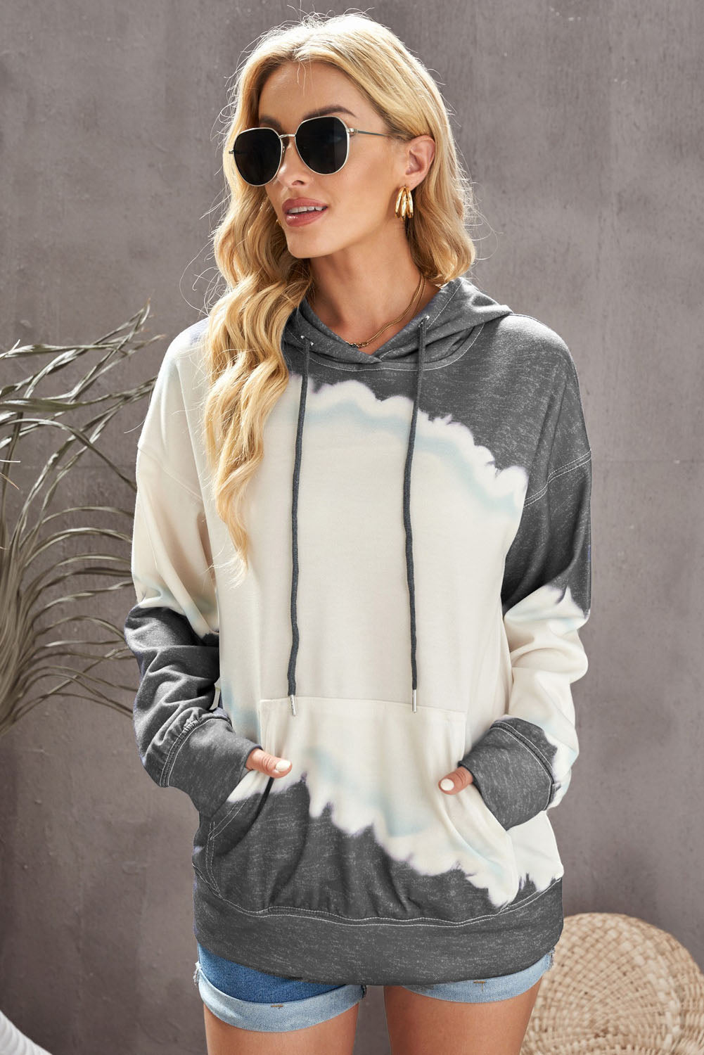 Tie-Dye Color Block Drawstring Hoodie - Gray / S - Women’s Clothing & Accessories - Shirts & Tops - 4 - 2024