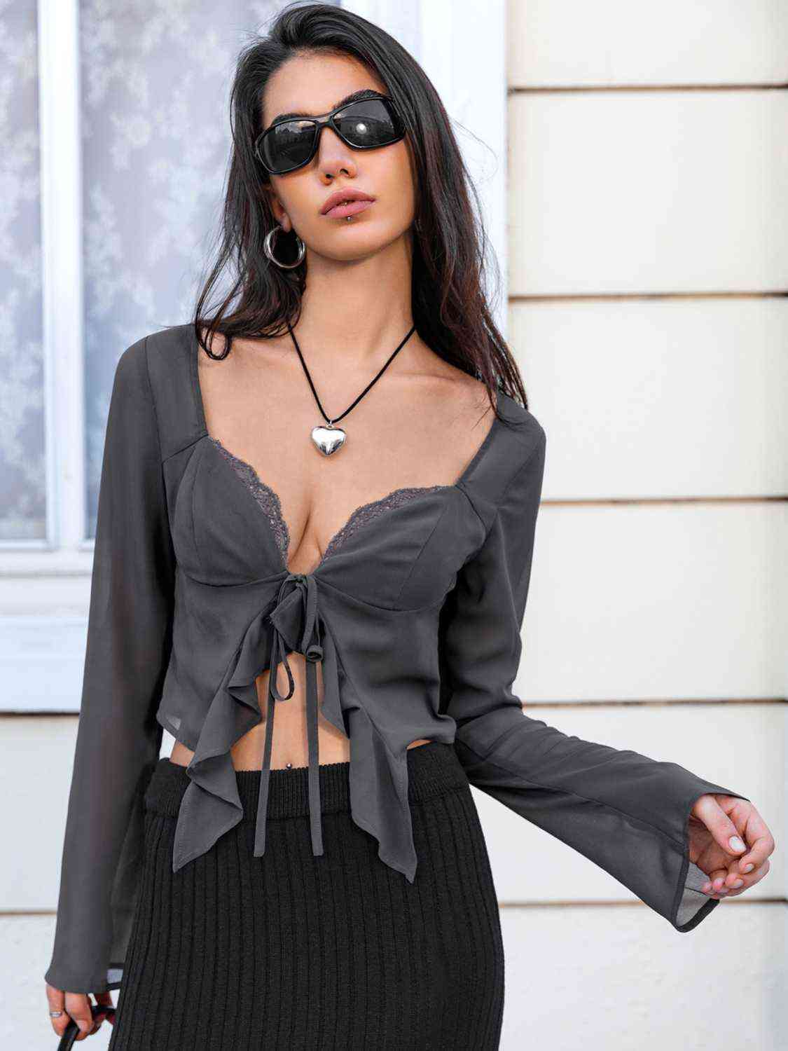 Tie Front Sweetheart Neck Blouses - Charcoal / S - Women’s Clothing & Accessories - Shirts & Tops - 1 - 2024