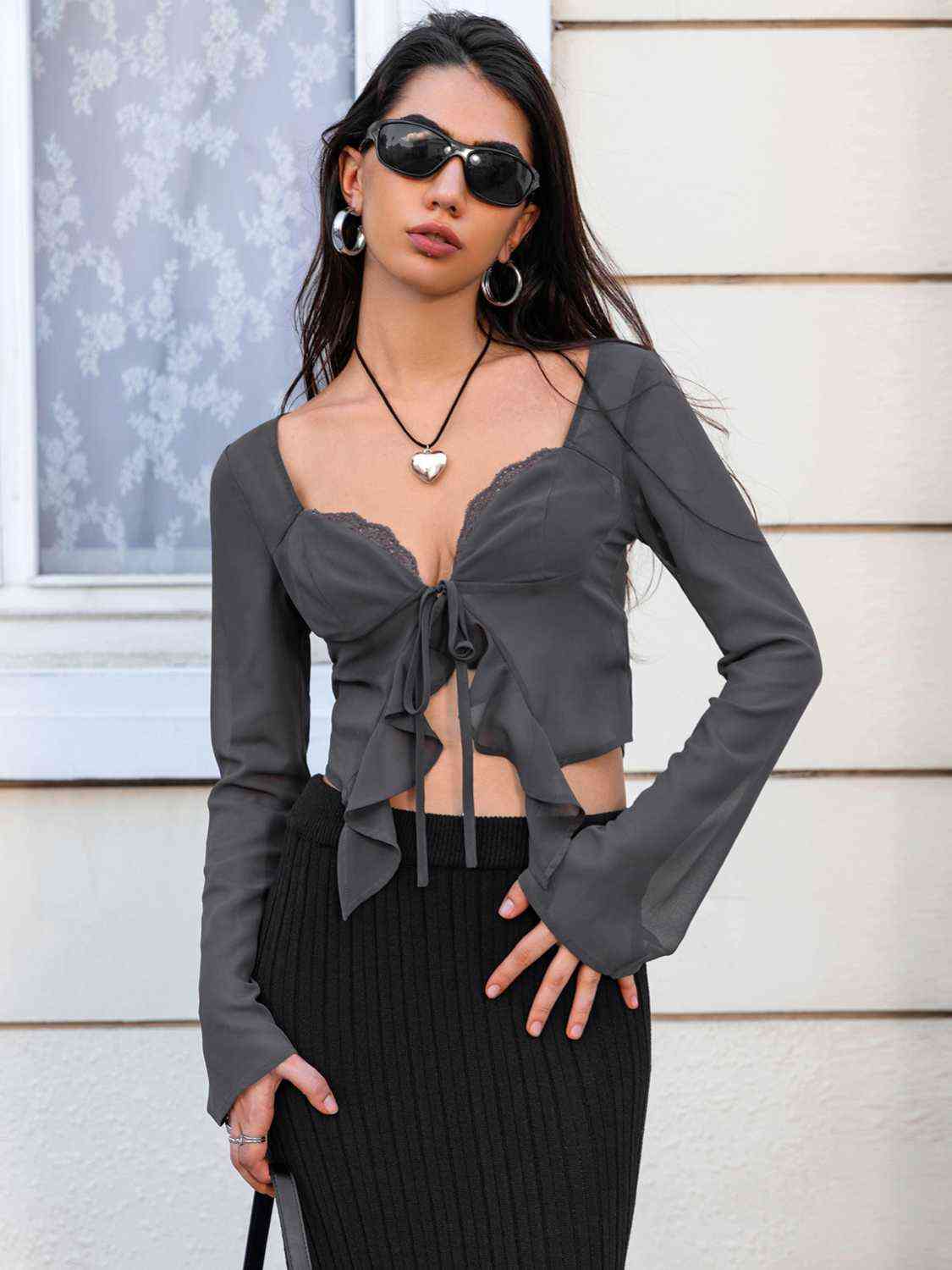 Tie Front Sweetheart Neck Blouses - Women’s Clothing & Accessories - Shirts & Tops - 3 - 2024