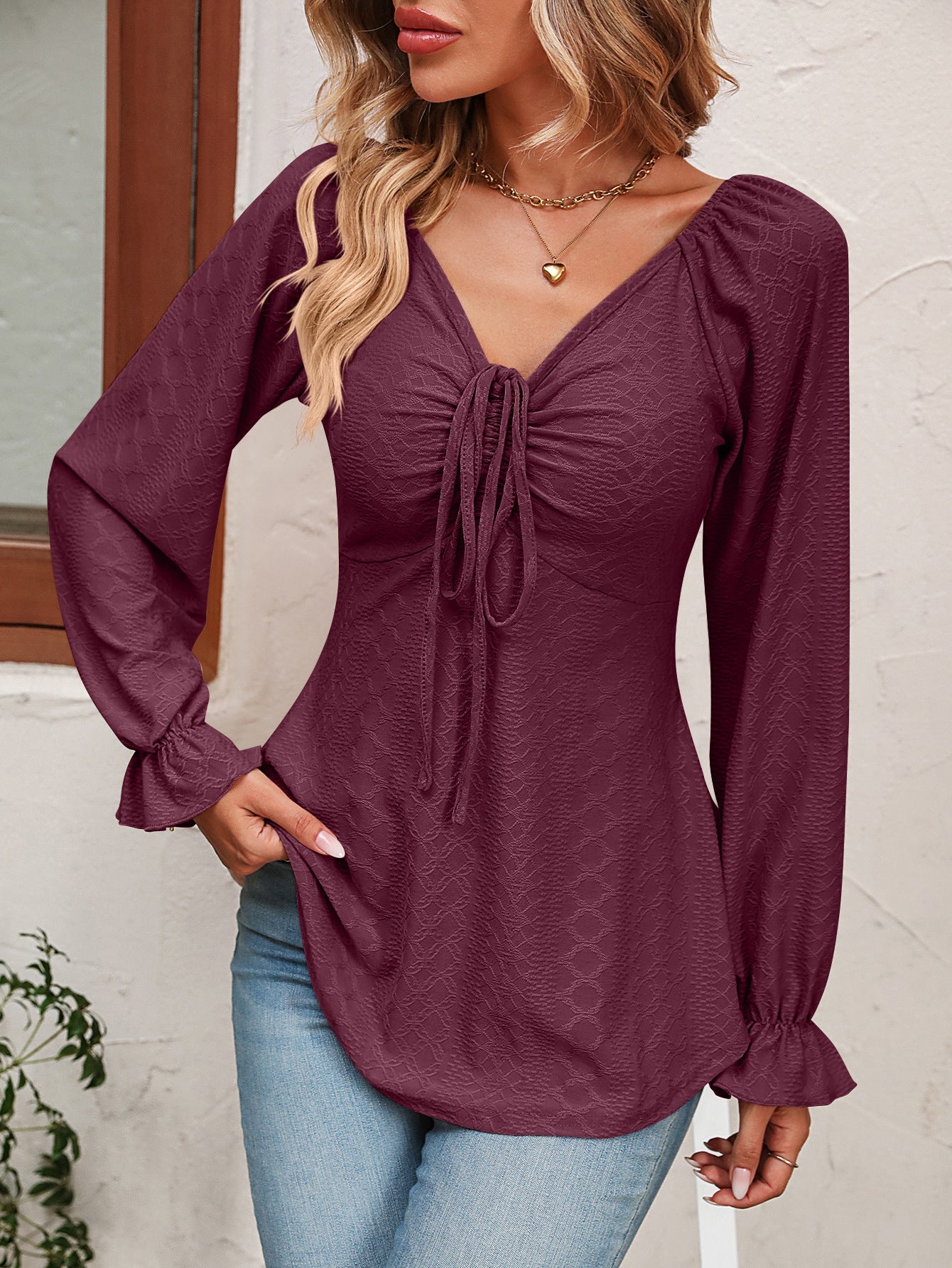 Tie Front V-Neck Puff Sleeve Blouse - Women’s Clothing & Accessories - Shirts & Tops - 14 - 2024