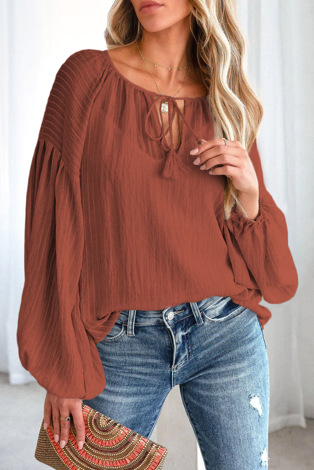 Tie Neck Dropped Shoulder Blouse - Brown / S - Women’s Clothing & Accessories - Shirts & Tops - 5 - 2024