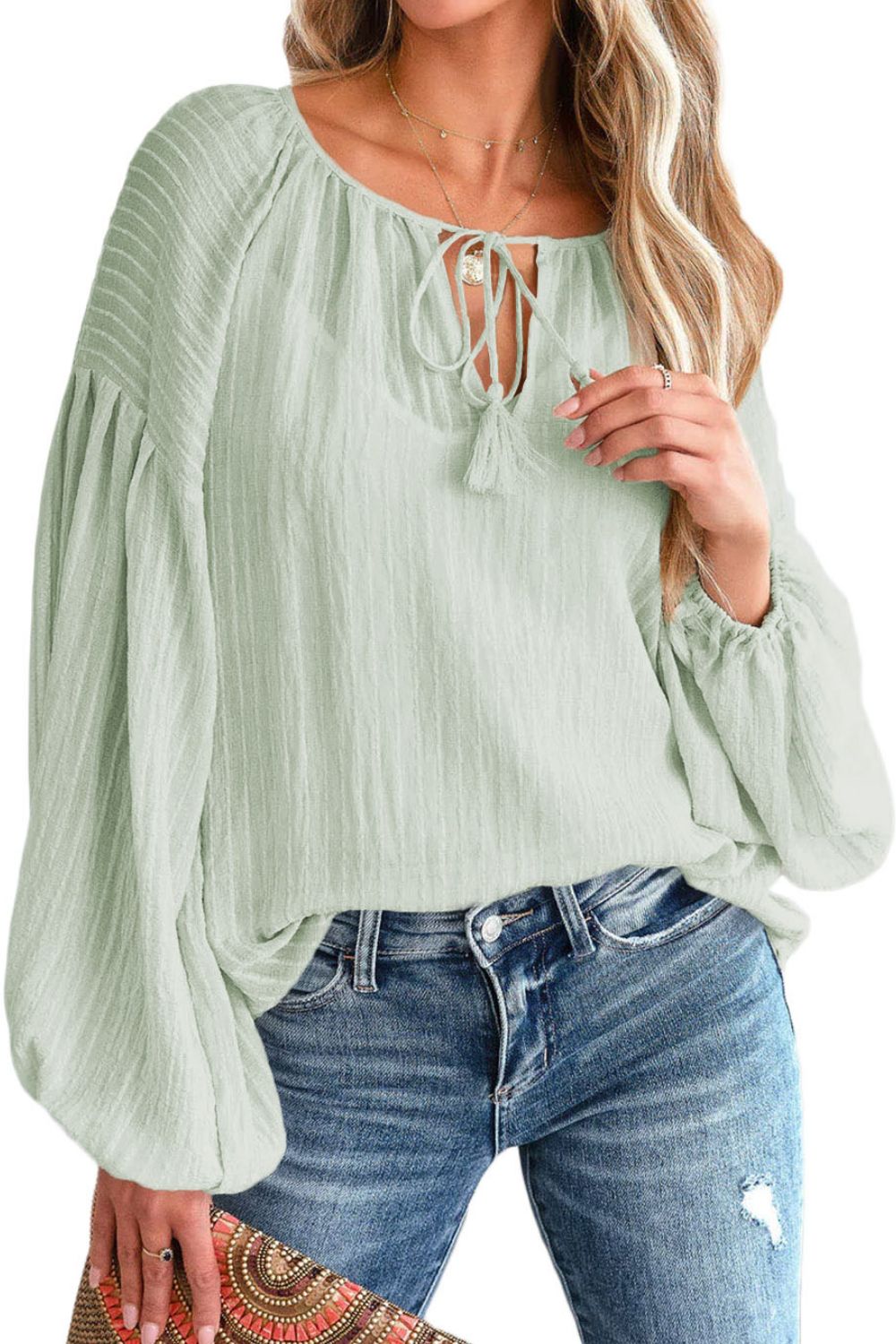 Tie Neck Dropped Shoulder Blouse - Green / S - Women’s Clothing & Accessories - Shirts & Tops - 11 - 2024