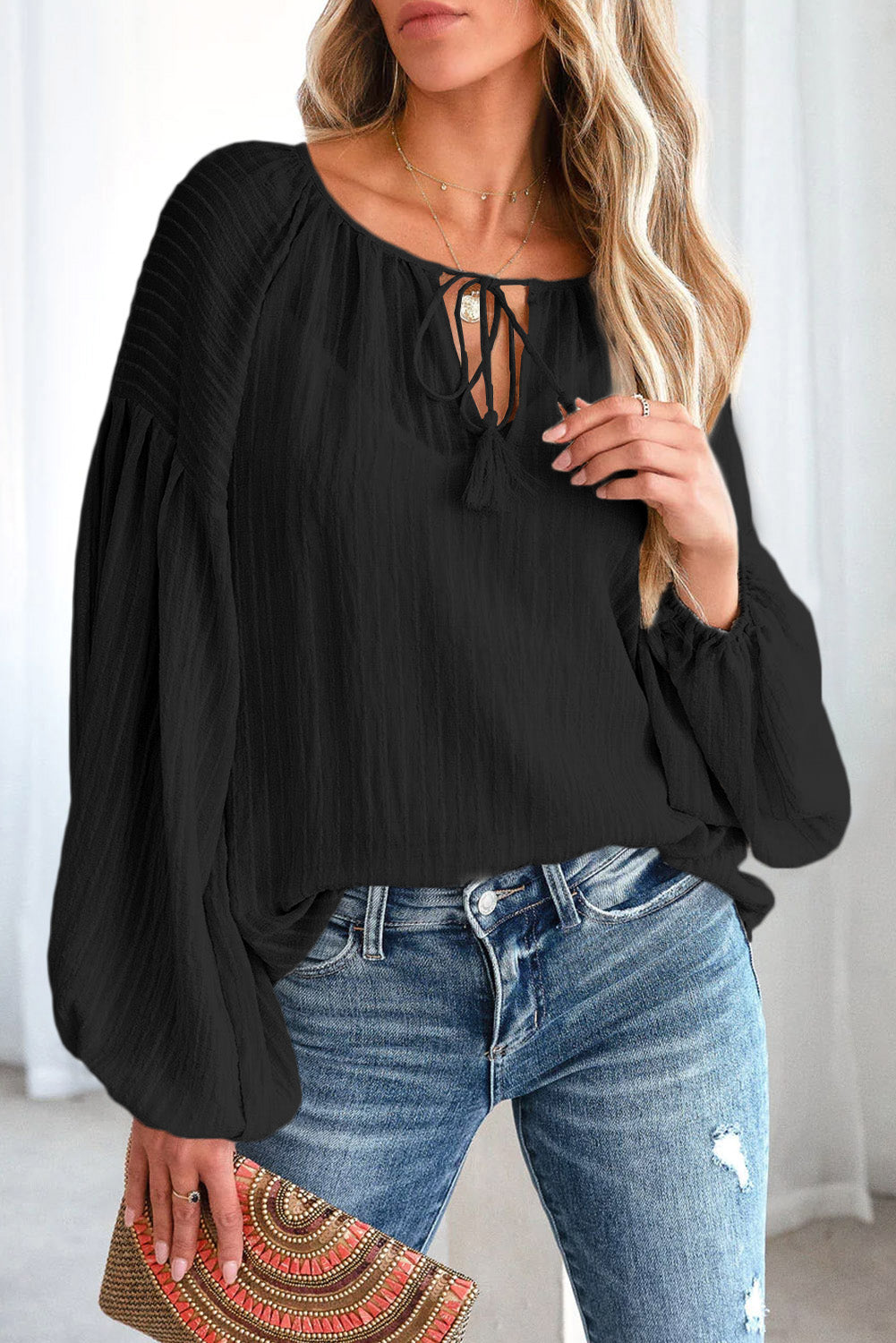 Tie Neck Dropped Shoulder Blouse - Black / S - Women’s Clothing & Accessories - Shirts & Tops - 20 - 2024