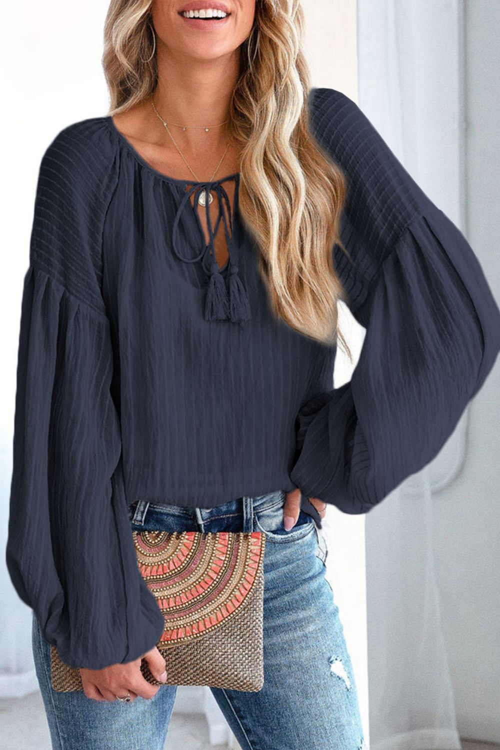 Tie Neck Dropped Shoulder Blouse - Dark Blue / S - Women’s Clothing & Accessories - Shirts & Tops - 17 - 2024