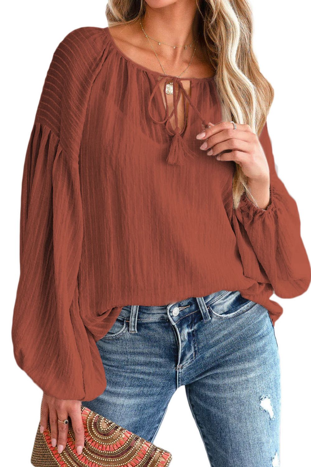 Tie Neck Dropped Shoulder Blouse - Women’s Clothing & Accessories - Shirts & Tops - 7 - 2024