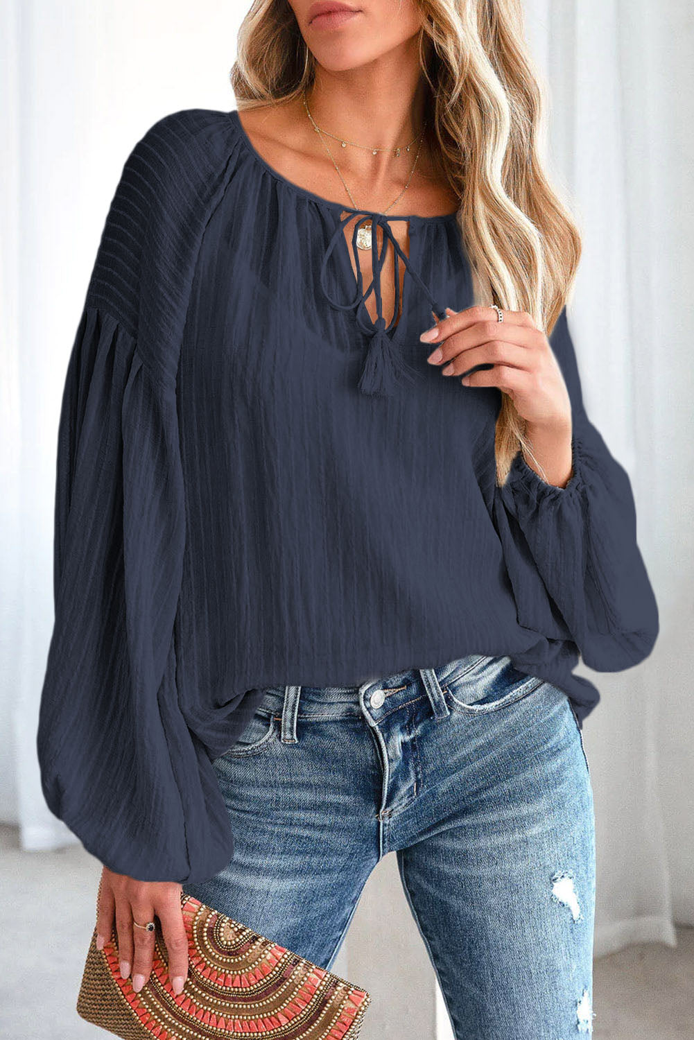 Tie Neck Dropped Shoulder Blouse - Women’s Clothing & Accessories - Shirts & Tops - 18 - 2024