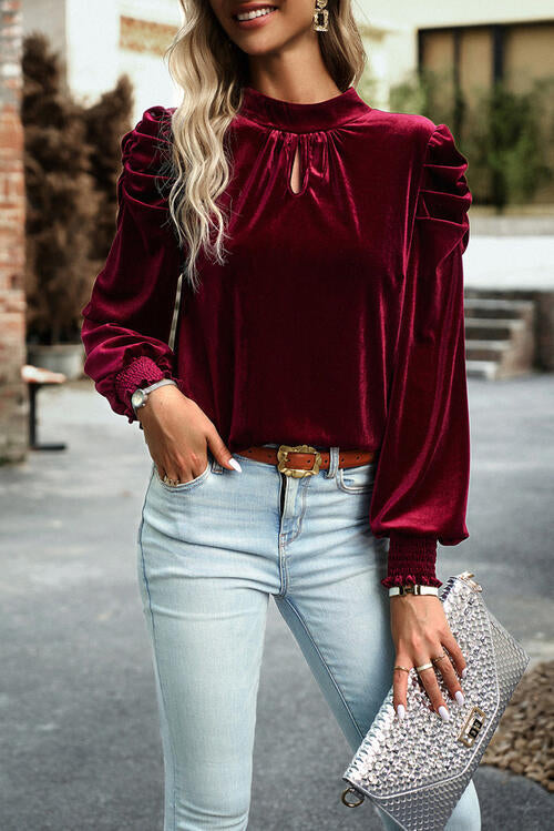 Tie Up Mock Neck Velvet Fabric Long Sleeve Blouse - Wine / S - Women’s Clothing & Accessories - Shirts & Tops - 5 - 2024