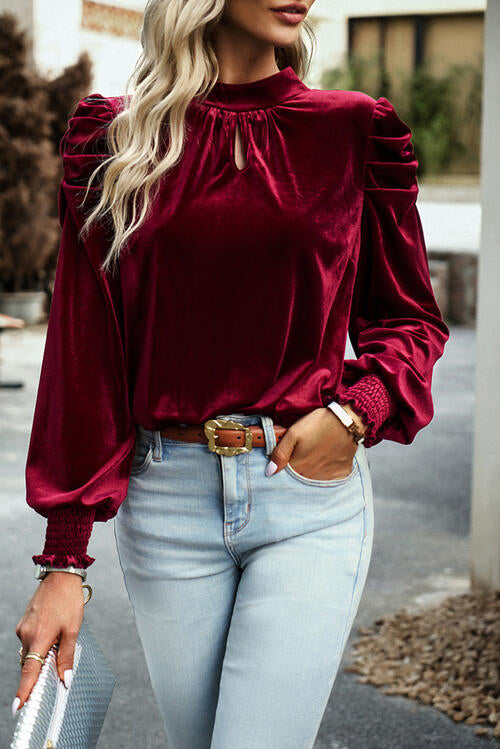 Tie Up Mock Neck Velvet Fabric Long Sleeve Blouse - Women’s Clothing & Accessories - Shirts & Tops - 6 - 2024