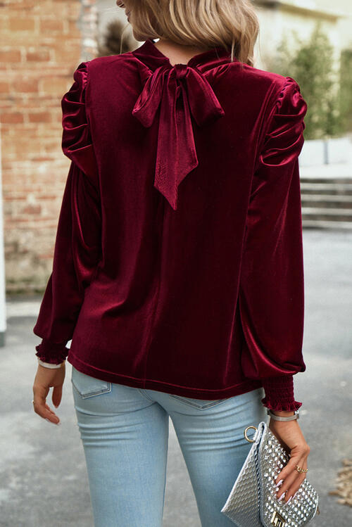 Tie Up Mock Neck Velvet Fabric Long Sleeve Blouse - Women’s Clothing & Accessories - Shirts & Tops - 8 - 2024