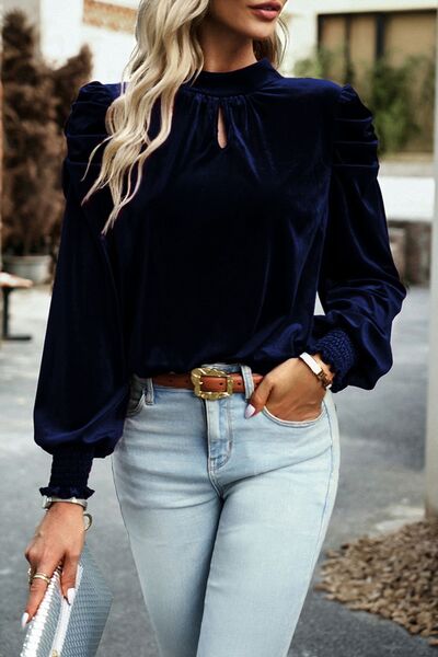 Tie Up Mock Neck Velvet Fabric Long Sleeve Blouse - Women’s Clothing & Accessories - Shirts & Tops - 10 - 2024