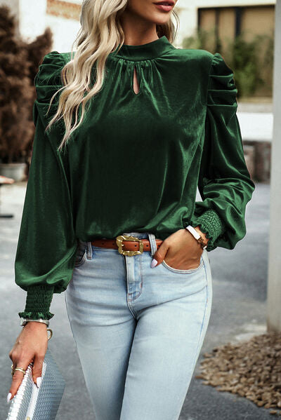 Tie Up Mock Neck Velvet Fabric Long Sleeve Blouse - Women’s Clothing & Accessories - Shirts & Tops - 3 - 2024