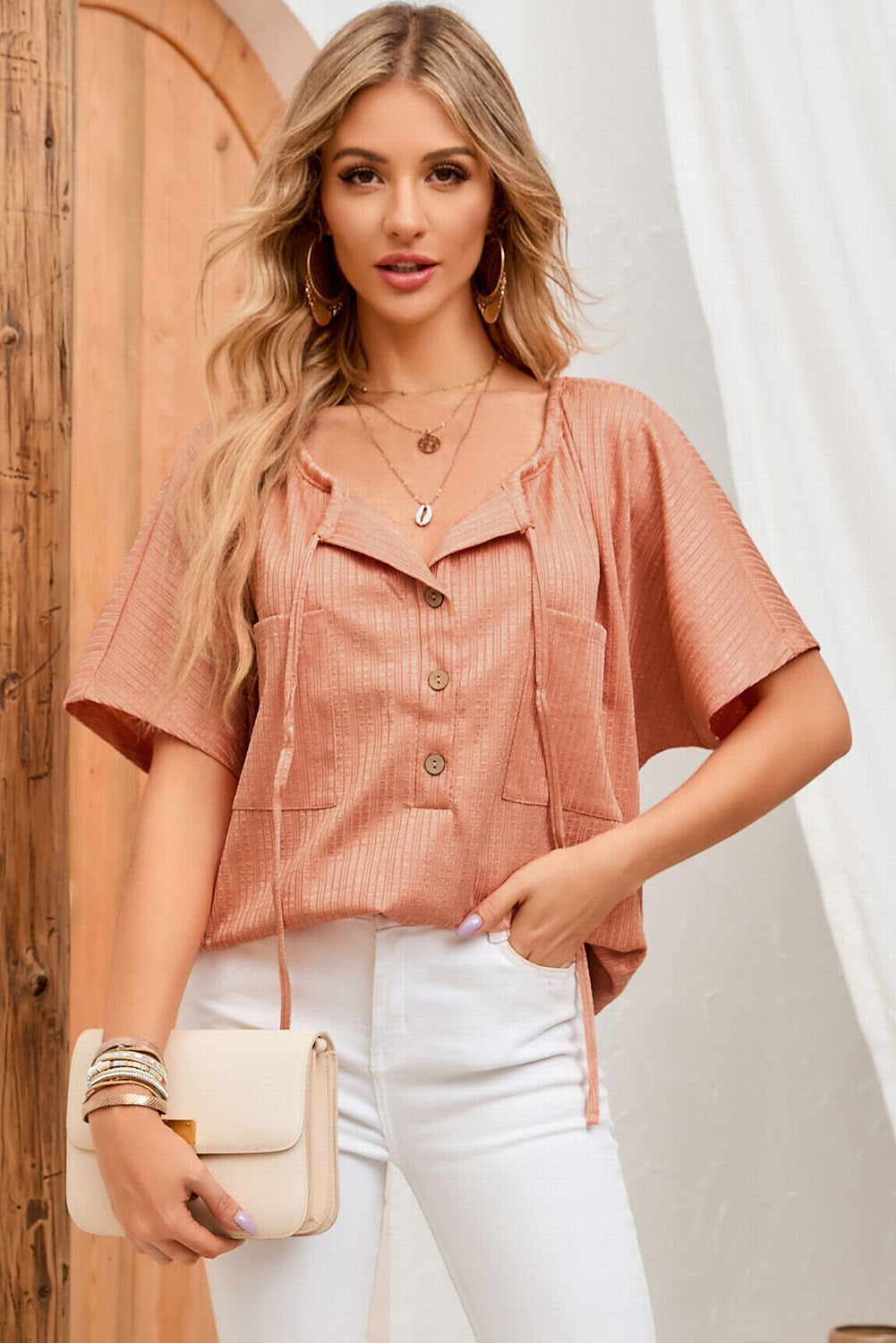 Tied Round Neck Buttoned Top - Orange / S - Women’s Clothing & Accessories - Shirts & Tops - 1 - 2024