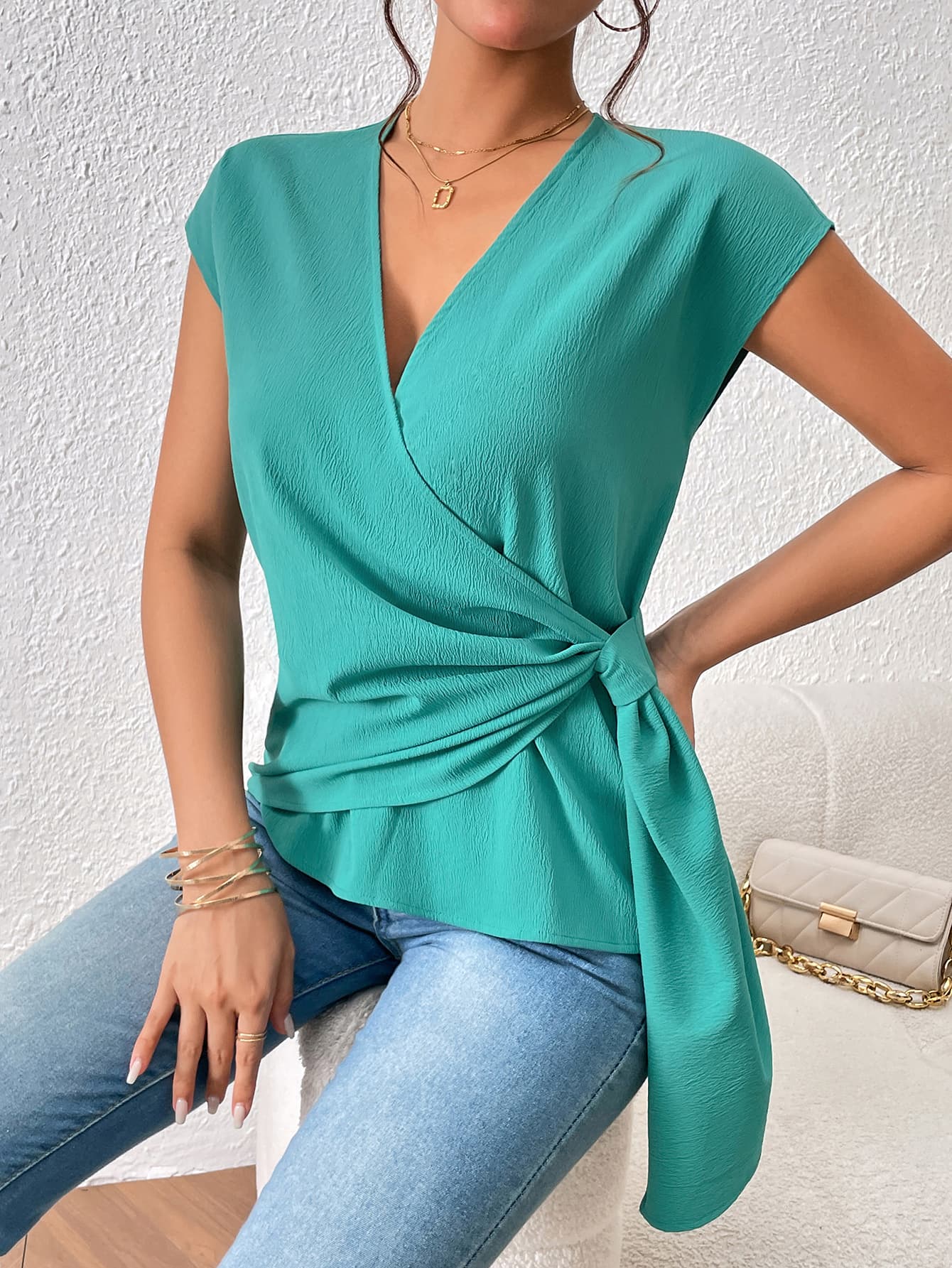 Tied Surplice Neck Short Sleeve Blouse - Women’s Clothing & Accessories - Shirts & Tops - 4 - 2024