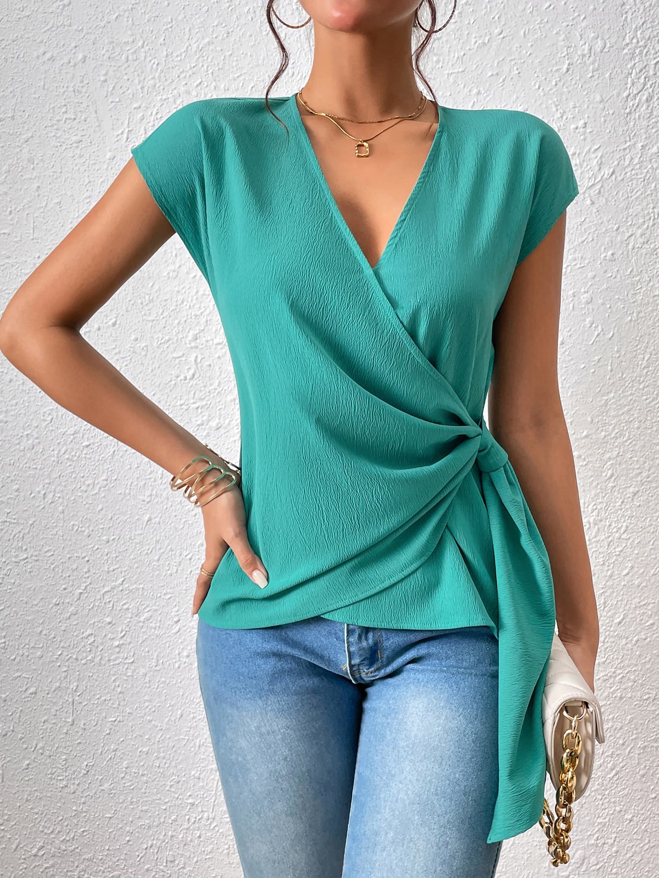 Tied Surplice Neck Short Sleeve Blouse - Women’s Clothing & Accessories - Shirts & Tops - 1 - 2024