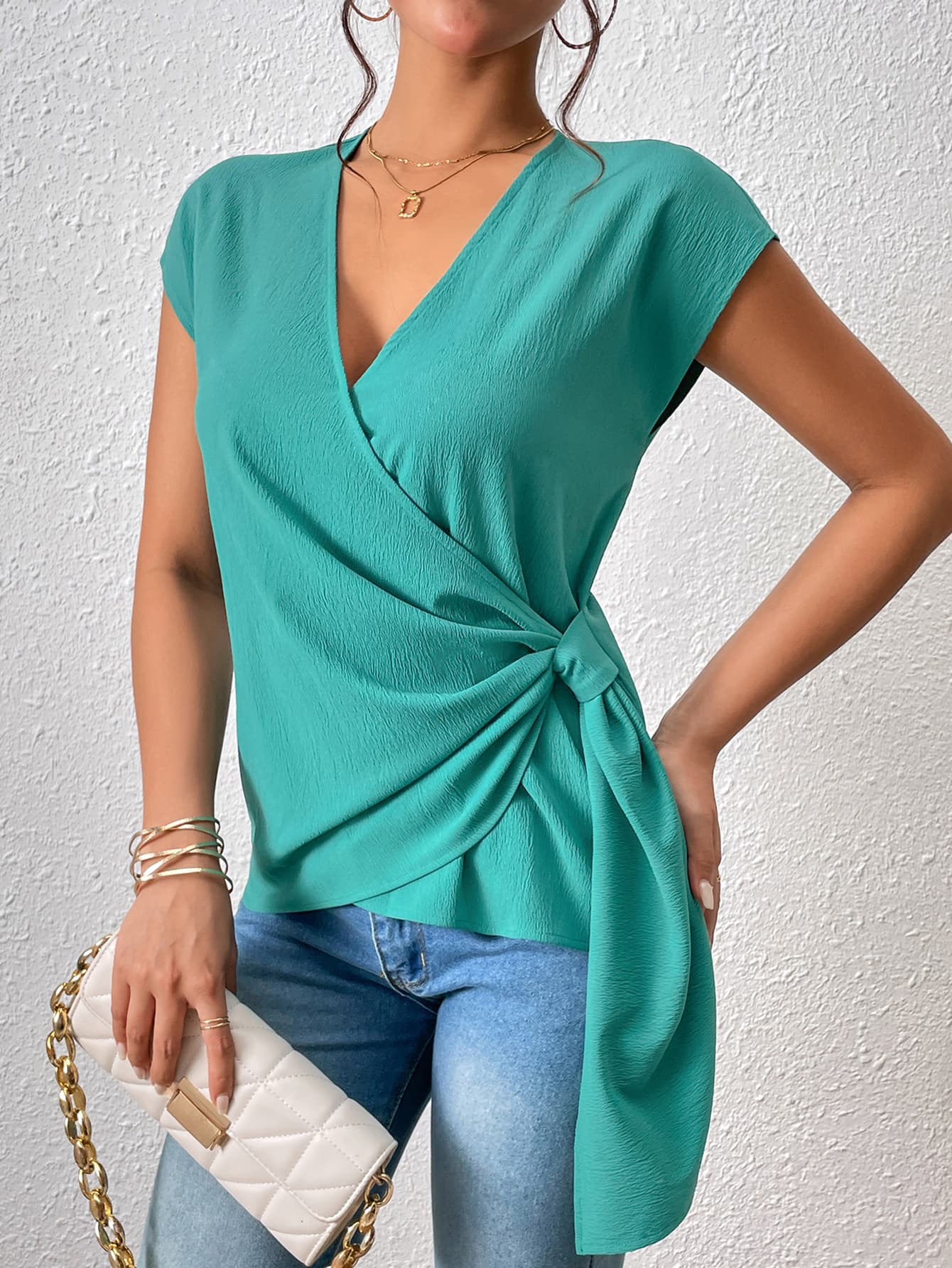 Tied Surplice Neck Short Sleeve Blouse - Women’s Clothing & Accessories - Shirts & Tops - 3 - 2024