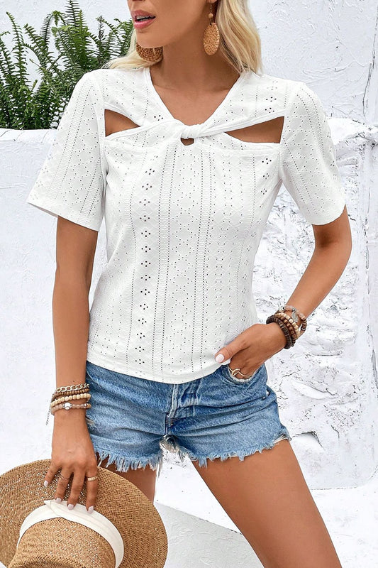 Twisted Front Short Sleeve Eyelet Blouse - White / S - Women’s Clothing & Accessories - Shirts & Tops - 1 - 2024