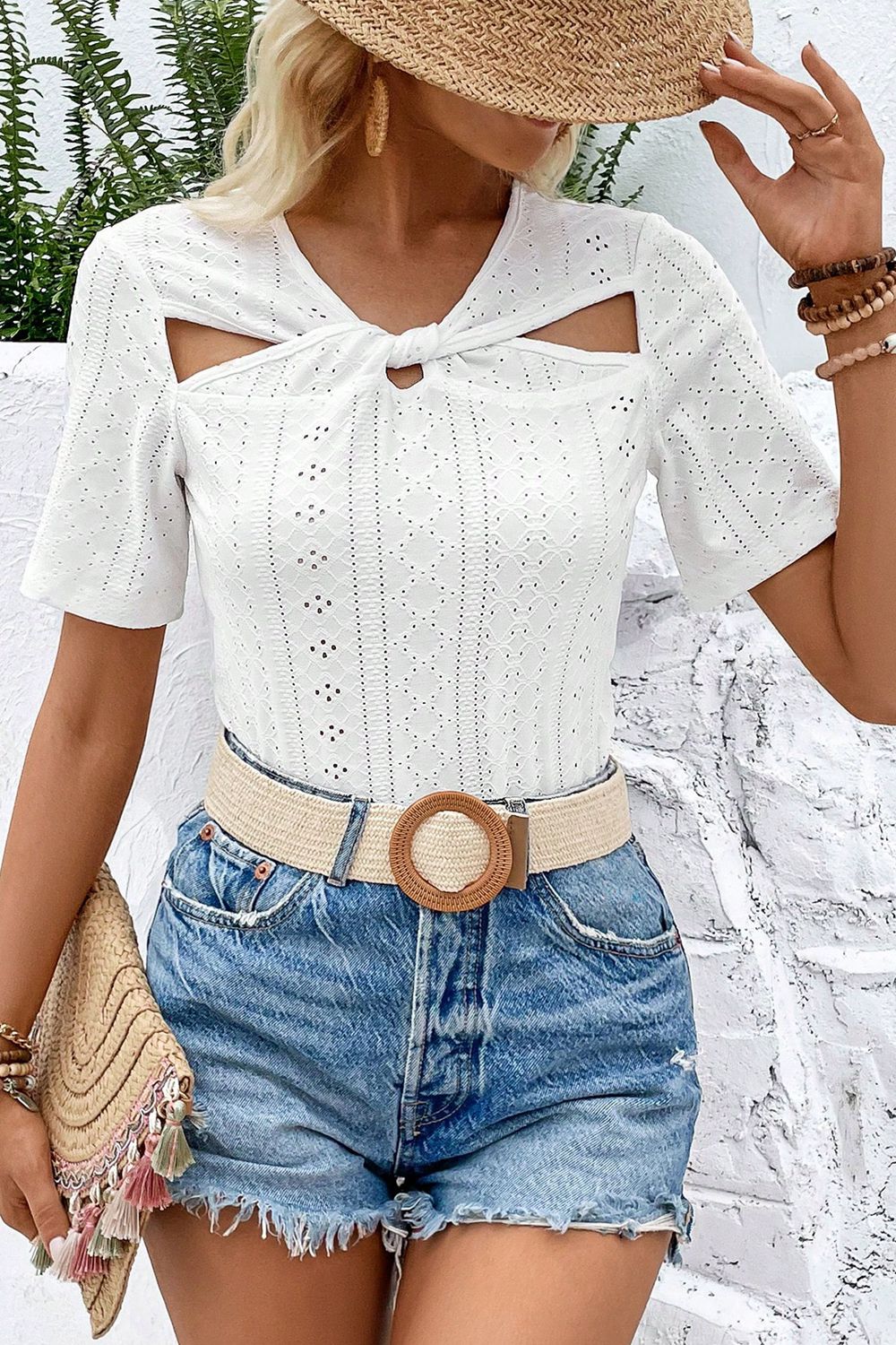 Twisted Front Short Sleeve Eyelet Blouse - Women’s Clothing & Accessories - Shirts & Tops - 6 - 2024