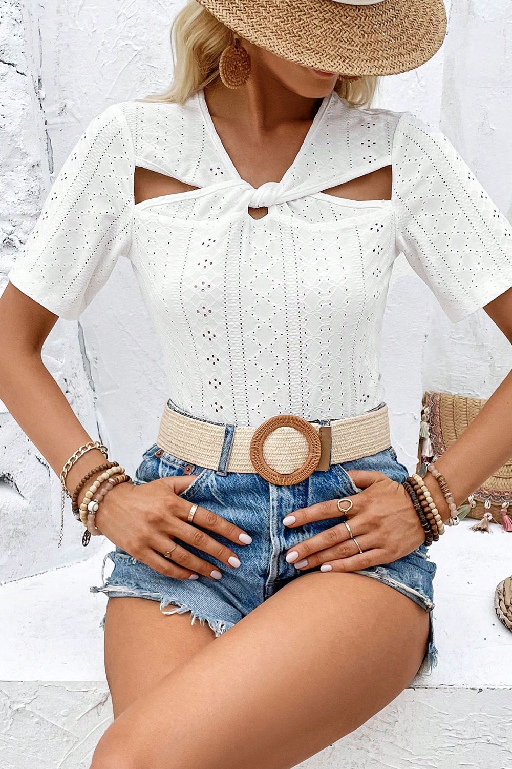 Twisted Front Short Sleeve Eyelet Blouse - Women’s Clothing & Accessories - Shirts & Tops - 7 - 2024