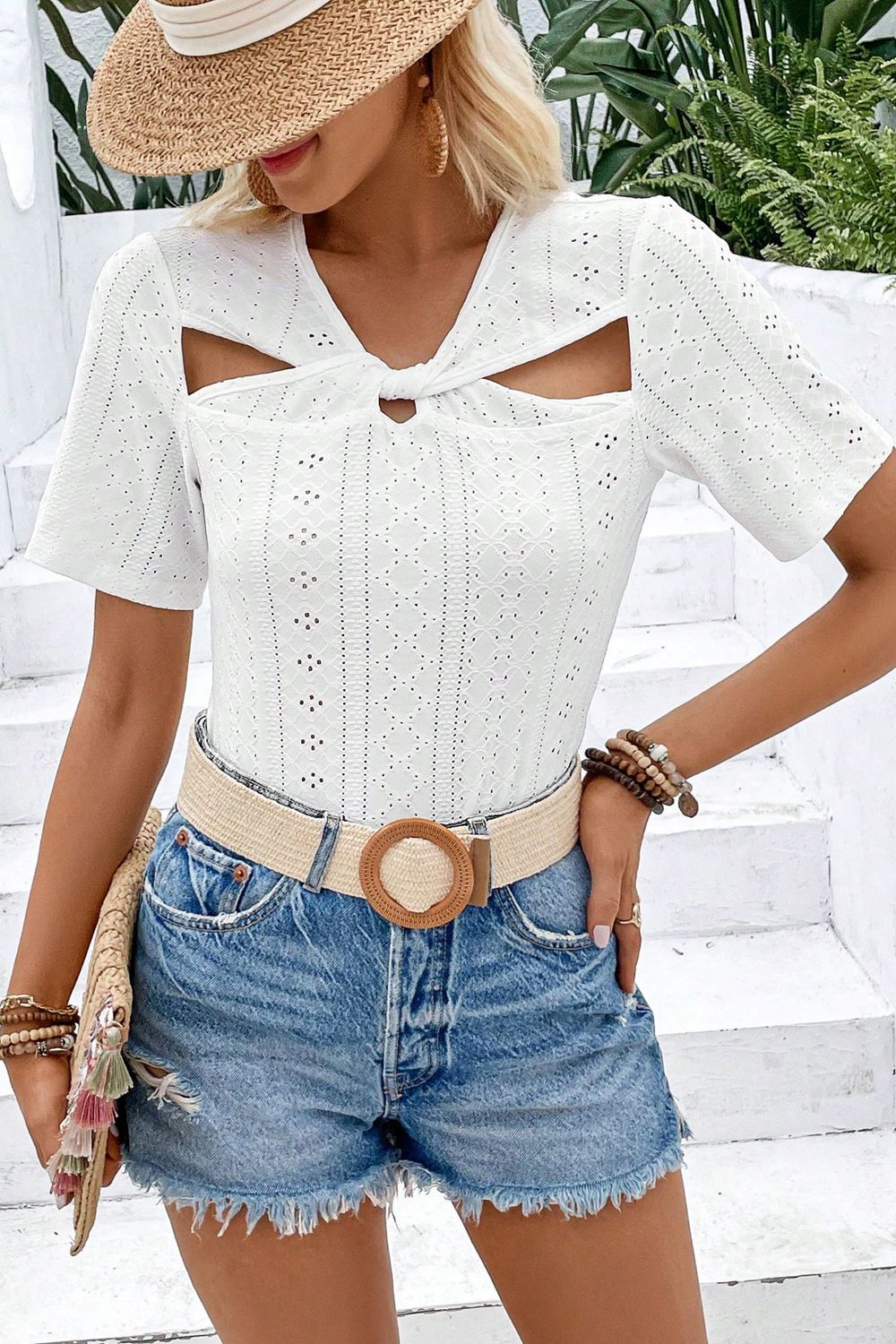 Twisted Front Short Sleeve Eyelet Blouse - Women’s Clothing & Accessories - Shirts & Tops - 3 - 2024