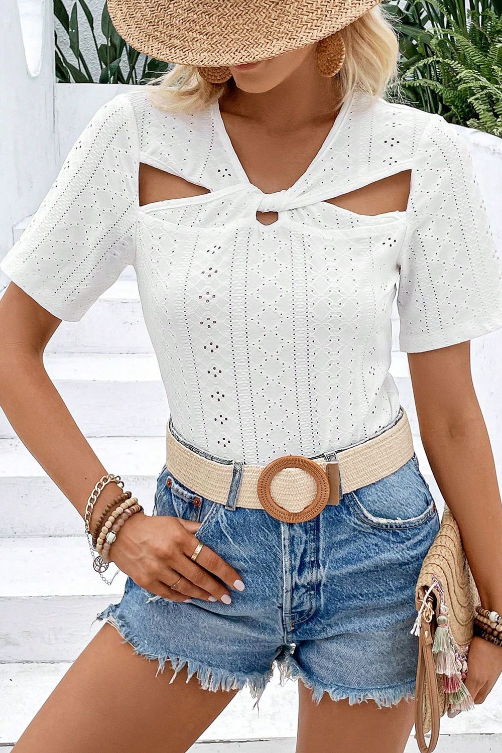 Twisted Front Short Sleeve Eyelet Blouse - Women’s Clothing & Accessories - Shirts & Tops - 5 - 2024