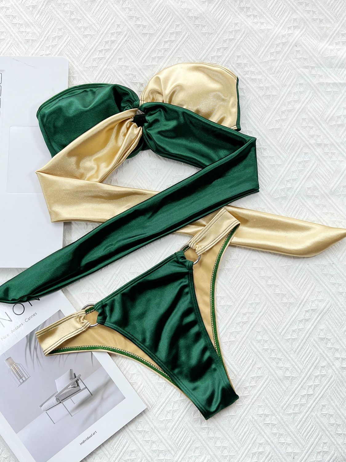 Two-Tone Ring Detail Tied Bikini Set - Green / S - Women’s Clothing & Accessories - Swimwear - 6 - 2024