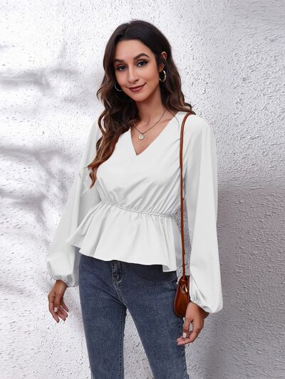 V-Neck Balloon Sleeve Peplum Blouse - White / S - Women’s Clothing & Accessories - Shirts & Tops - 6 - 2024