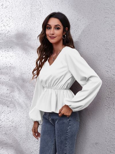 V-Neck Balloon Sleeve Peplum Blouse - Women’s Clothing & Accessories - Shirts & Tops - 7 - 2024