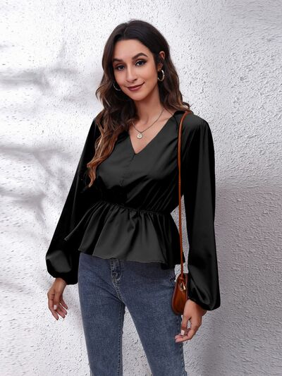 V-Neck Balloon Sleeve Peplum Blouse - Black / S - Women’s Clothing & Accessories - Shirts & Tops - 9 - 2024