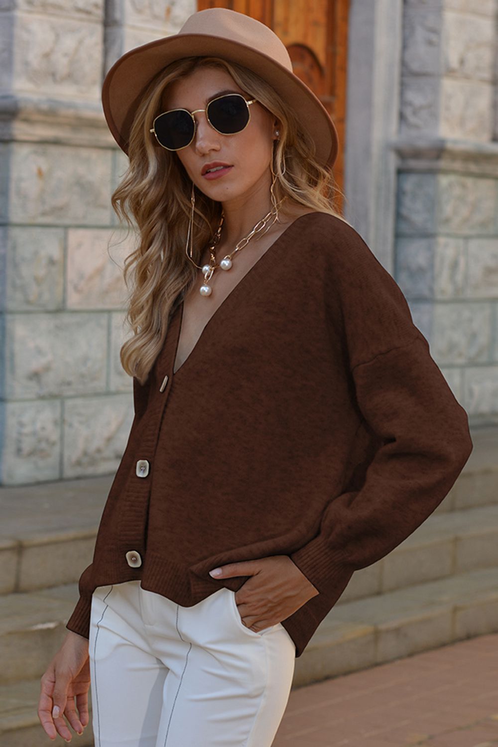 V-Neck Button-Down Dropped Shoulder Cardigan - Women’s Clothing & Accessories - Shirts & Tops - 19 - 2024