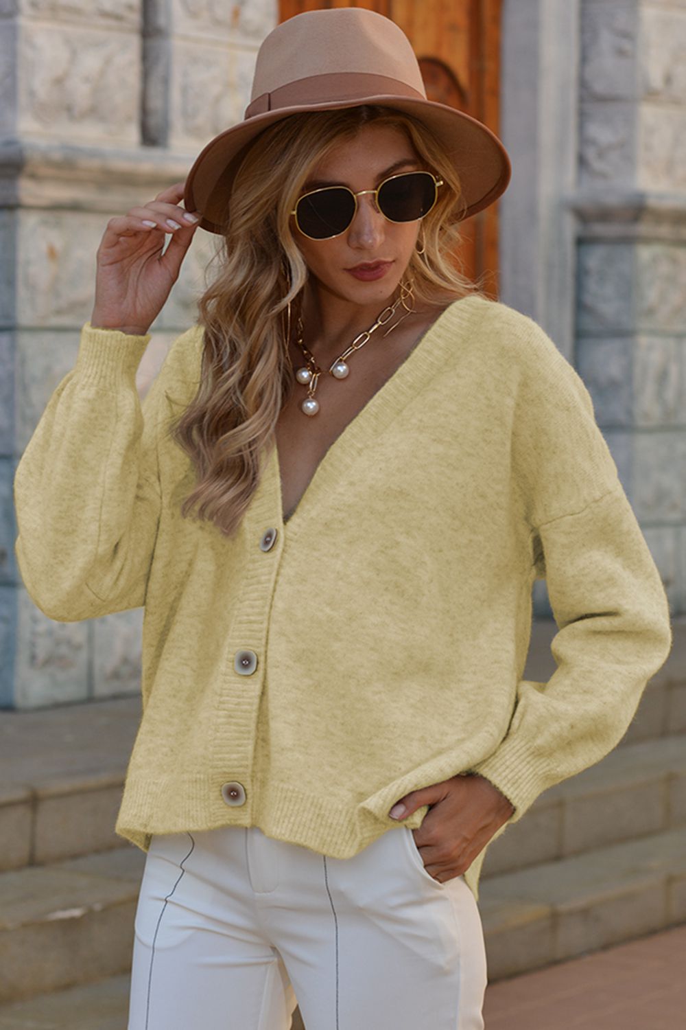 V-Neck Button-Down Dropped Shoulder Cardigan - Yellow / S - Women’s Clothing & Accessories - Shirts & Tops - 11 - 2024