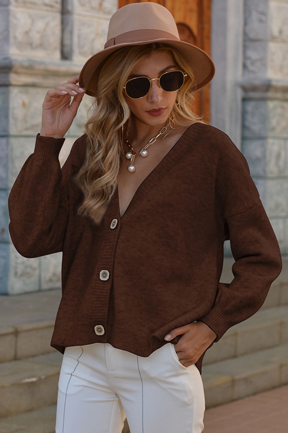 V-Neck Button-Down Dropped Shoulder Cardigan - Dark Brown / S - Women’s Clothing & Accessories - Shirts & Tops - 16