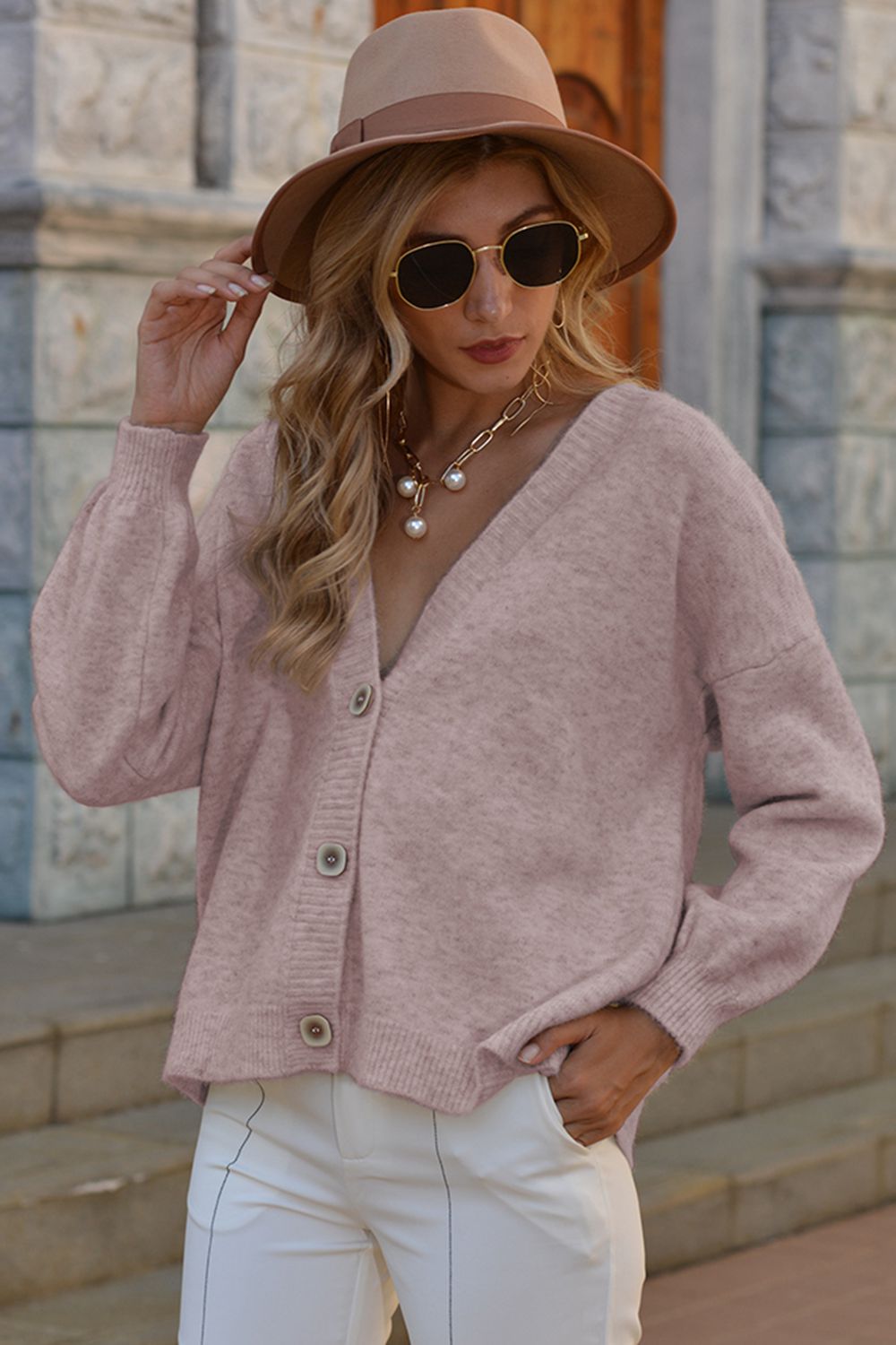 V-Neck Button-Down Dropped Shoulder Cardigan - Pink / S - Women’s Clothing & Accessories - Shirts & Tops - 1 - 2024