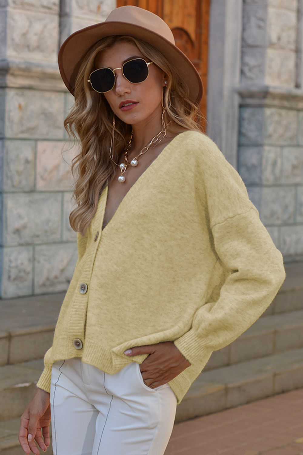 V-Neck Button-Down Dropped Shoulder Cardigan - Women’s Clothing & Accessories - Shirts & Tops - 14 - 2024