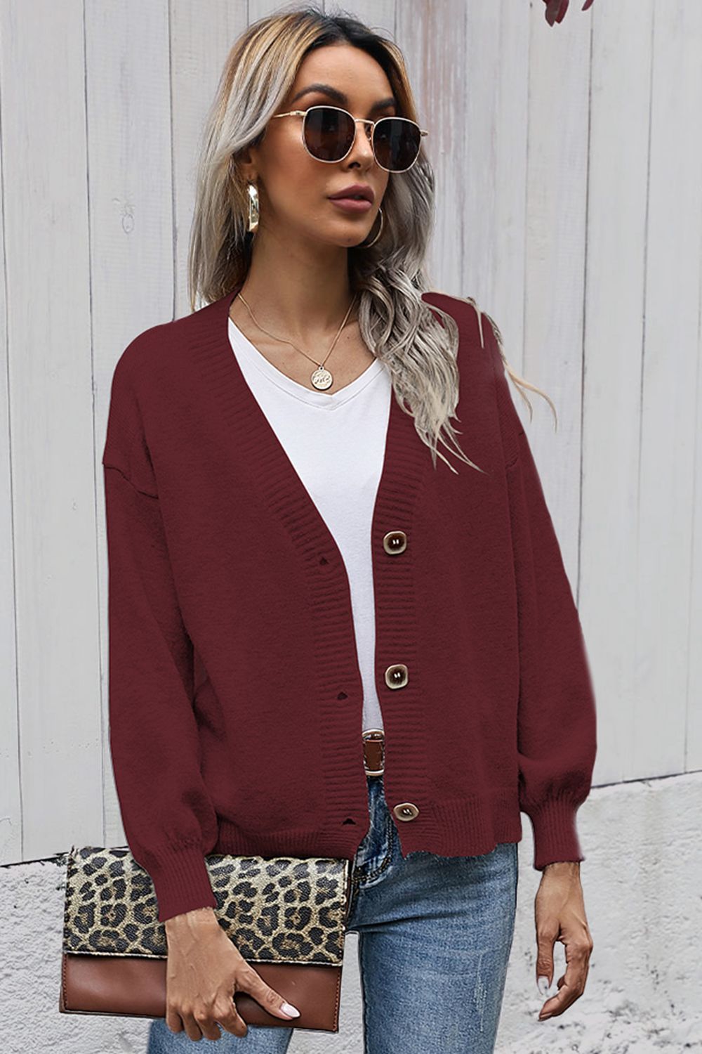 V-Neck Button-Down Dropped Shoulder Cardigan - Dark Red / S - Women’s Clothing & Accessories - Shirts & Tops - 26 - 2024