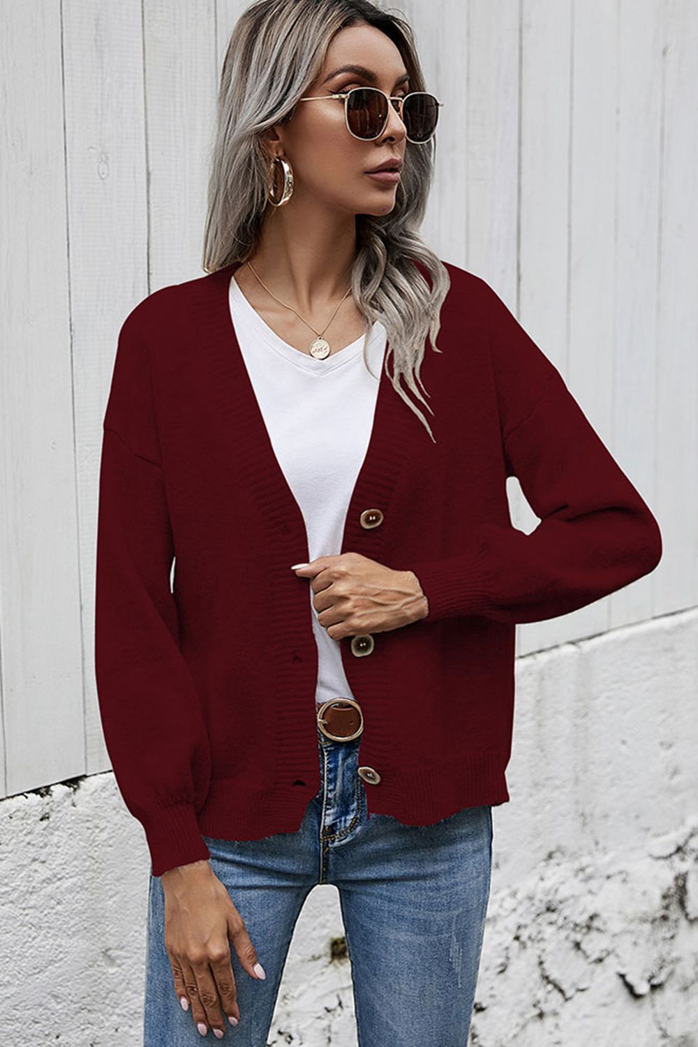 V-Neck Button-Down Dropped Shoulder Cardigan - Women’s Clothing & Accessories - Shirts & Tops - 28 - 2024